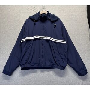 VTG VOS Sports Windbreaker Jacket Men Large Navy Blue Striped Nylon Fleece Lined